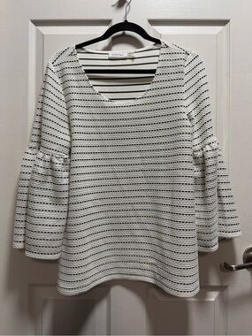 Calvin Klein Cream and Black Striped Scoop Neck Bell Sleeve Top